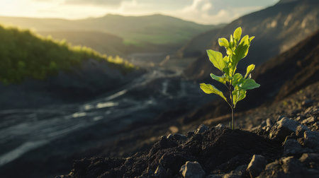 A young plant emerges from rich soil, symbolizing growth and renewal amidst a stunning mountainous landscape under soft sunlight. This image captures the beauty of nature.の素材