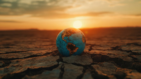 A beautiful globe representing Earth sits on cracked soil during a stunning sunset, showcasing the impact of climate change and environmental issues.の素材