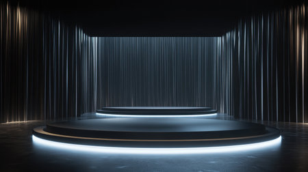 This image showcases a modern stage design featuring ambient lighting and a minimalist aesthetic. The circular platforms create a dynamic visual appeal, perfect for performances.の素材