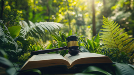 A striking gavel rests on an open book amidst vibrant green foliage, creating a serene environment that suggests the harmony between law and nature.の素材