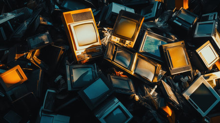 A striking aerial view of discarded vintage television sets in an electronic waste dump, highlighting the impact of technology on the environment and nostalgia.の素材