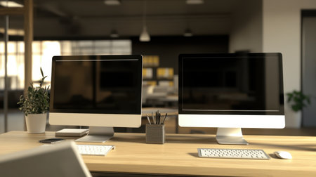 This image features a modern workspace showcasing two monitors on a sleek desk. Minimalist accents and a touch of greenery create an inviting atmosphere for productivity.の素材
