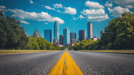 A captivating view of a city skyline framed by lush greenery, showcasing a clear blue sky with fluffy clouds and a straight road leading into the urban landscape.の素材