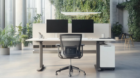 A modern office workspace featuring two monitors, a sleek ergonomic chair, and greenery that creates a bright and inviting atmosphere for productivity.の素材