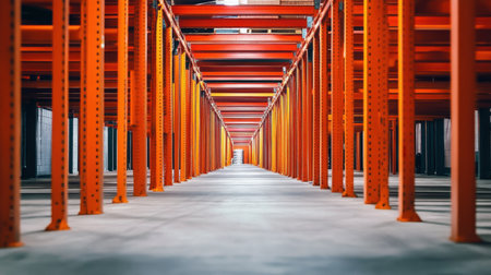 A modern industrial warehouse featuring a bright interior with an orange rack system. The organized space showcases clean lines and symmetry, perfect for storage and logistics solutions.の素材