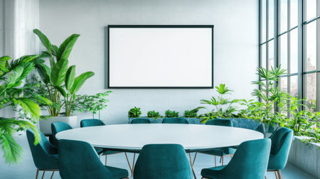 A modern conference room featuring a round table surrounded by plush chairs. Lush greenery enhances the bright atmosphere, creating a serene and inviting workspace.の素材