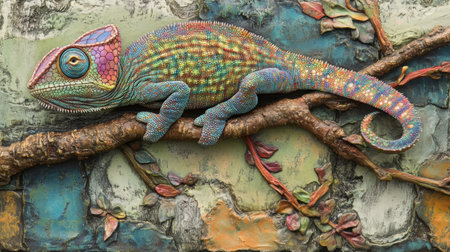 This stunning chameleon sculpture showcases vivid colors and intricate textures, beautifully positioned on a branch against a uniquely designed background, perfect for art enthusiasts.の素材