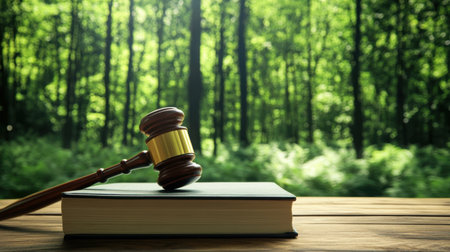 A wooden gavel rests on an open law book, set against a serene green forest backdrop. This image symbolizes justice and the connection to nature.の素材