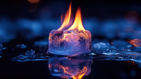 A striking image of an ice cube engulfed in flames, creating a surreal scene. The vibrant blue glow reflects beautifully on the dark surface, emphasizing contrast.の素材