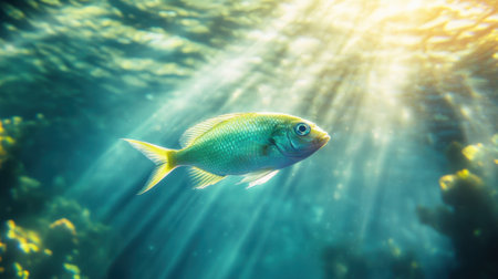 Discover a captivating underwater world featuring a colorful fish swimming gracefully in sunlit ocean waters, surrounded by a serene and vibrant marine habitat.の素材