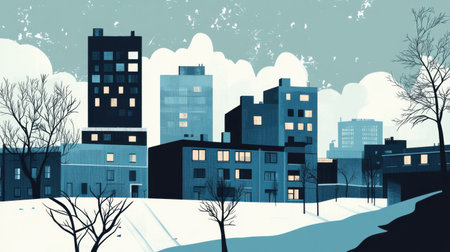Abstract representation of an urban landscape during winter. Features geometric buildings, snow-covered ground, and a moody atmosphere with stylized clouds and minimalistic design elements.の素材