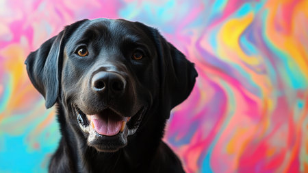 A charming black dog shows a bright smile, exuding warmth and joy against a stunning colorful abstract background. Perfect for conveying happiness in pets.の素材