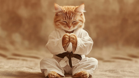 An adorable cat dressed in a karate uniform showcases a serene meditation pose, embodying the spirit of martial arts with charm and cuteness. Perfect for animal lovers.の素材