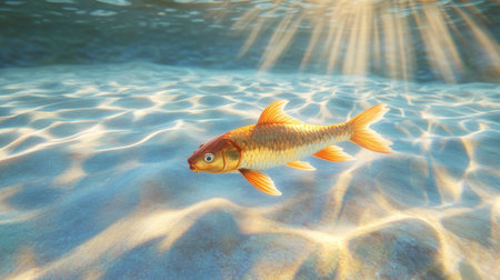 Discover the beauty of a vibrant orange fish gracefully swimming through a clear blue underwater environment, illuminated by soft sunlight beams.の素材