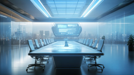 A sleek and modern conference room featuring a large table and ergonomic chairs. The room offers a stunning city view through glass walls, creating a vibrant atmosphere ideal for collaboration and meetings.の素材