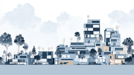 A beautifully crafted illustration showcasing modern urban architecture. The image features a blend of geometric buildings surrounded by abstract natural elements, creating a harmonious urban landscape.の素材