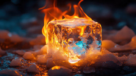 A striking image of a flaming ice cube on a melted surface, showcasing vibrant blue and orange contrasts, representing the clash of fire and ice in a surreal scene.の素材