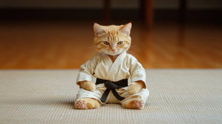 An orange tabby cat dressed in a karate gi with a black belt sits calmly on a mat. This playful image captures the feline adorable expression and unique outfit, perfect for lighthearted themes.の素材