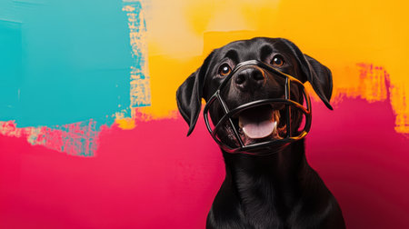 A joyful black dog wearing a muzzle poses against a vibrant background, showcasing a playful spirit. Perfect for themes of pet care and training.の素材