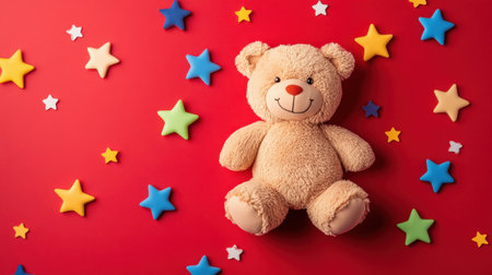 Adorable teddy bear sits on a vibrant red background, surrounded by playful stars in various colors, creating a joyful and imaginative atmosphere perfect for child-related themes.の素材