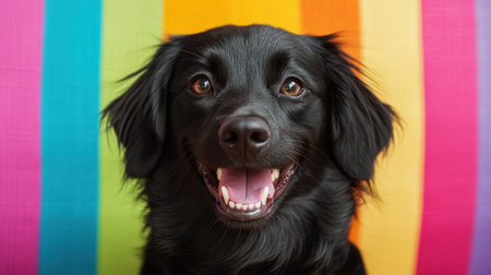 A happy black dog poses against a colorful rainbow background, showcasing its joyful expression and soft fur. Perfect for pet lovers and joyful moments.の素材