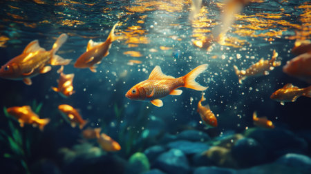 A serene underwater scene featuring golden fish swimming gracefully in clear water, surrounded by vibrant bubbles and a beautiful natural environment.の素材