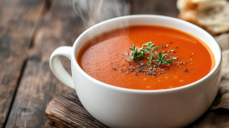 A vibrant bowl of freshly made tomato soup, garnished with herbs and surrounded by a rustic wooden table. Perfect for warm meals and comfort food.の素材