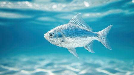 A silver fish swims effortlessly in crystal-clear blue water, showcasing the beauty of marine life. This serene underwater scene highlights nature's artfulness.の素材