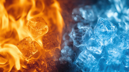 This image captures the striking contrast between fire and ice, featuring melting ice cubes surrounded by vibrant flames, symbolizing the dynamic interplay of heat and cold.の素材