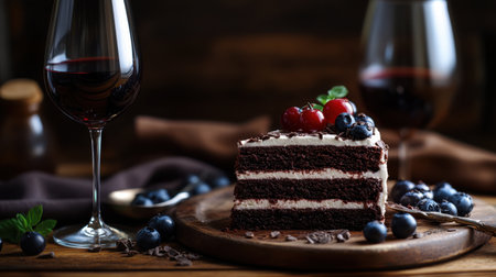 A tempting chocolate cake slice adorned with fresh berries, paired with glasses of red wine. Ideal for elegant dining or festive occasions with a touch of luxury.の素材