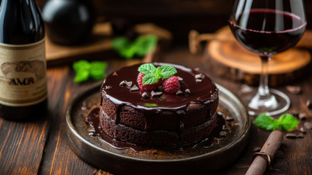 A delightful chocolate cake topped with raspberries and chocolate sauce, paired with a glass of red wine. The rustic wooden table adds warmth and inviting charm.の素材