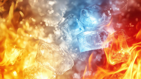 Stunning image of melting ice cubes contrasting with vibrant flames, symbolizing the interplay of fire and ice. A striking visual representation of opposing elements.の素材
