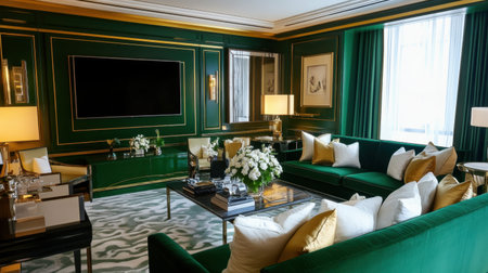 Experience a luxurious modern living room featuring elegant green decor, stylish furnishings, and floral arrangements, creating a warm and inviting atmosphere.の素材