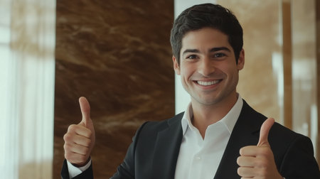 A cheerful young man dressed in a professional outfit smiles broadly while giving a thumbs up, conveying positivity and confidence in a modern office setting.の素材