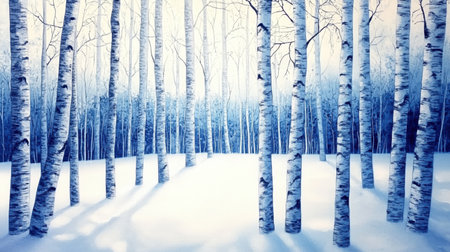 A beautiful winter scene featuring tall birch trees standing in a snowy landscape. The serene and tranquil atmosphere captures the essence of nature's beauty.の素材