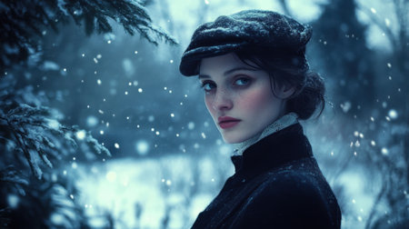 A young woman gazes thoughtfully in a snowy landscape, surrounded by serene nature. The soft snowfall adds to the chilly atmosphere, creating a moment of quiet beauty.の素材