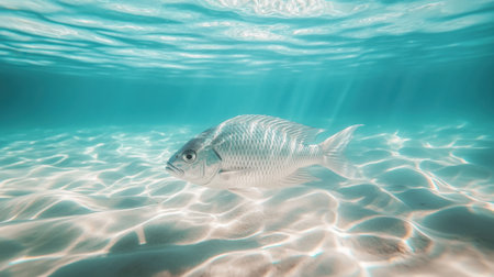 A serene underwater scene captures a single fish swimming gracefully in crystal clear water. Sunlight filters through, illuminating the tranquil aquatic environment.の素材