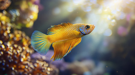 A stunning yellow fish gracefully swims through a vibrant coral reef, illuminated by soft underwater light. Perfect for showcasing marine beauty and biodiversity.の素材