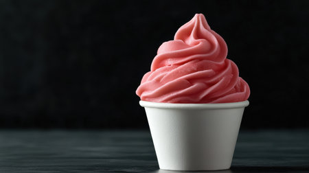 Indulge in this creamy pink soft serve ice cream served in a white cup, perfect for a hot day. A delightful treat that promises a sweet, refreshing experience.の素材