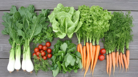A vibrant display of fresh organic vegetables including leafy greens, carrots, tomatoes, and radishes arranged artistically on a wooden table surface.の素材