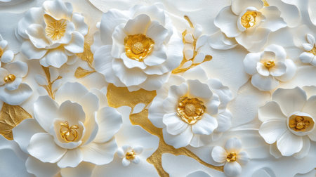 Discover a stunning floral arrangement featuring white blooms with gold accents. This elegant design showcases intricate details and a luxurious aesthetic, perfect for interior decoration.の素材