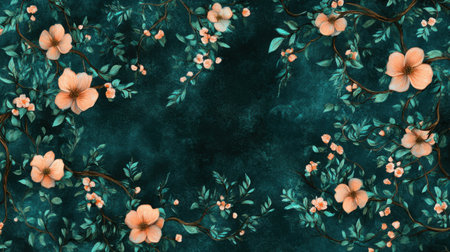 This beautiful floral pattern showcases hibiscus flowers with lush green leaves on a dark teal background, perfect for vibrant designs and textiles.の素材