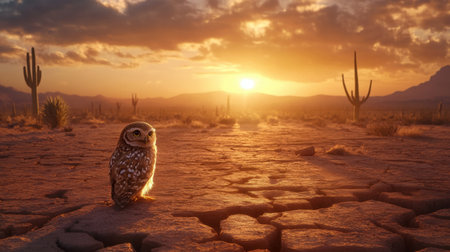A solitary owl stands on cracked earth at sunset, surrounded by cacti. The vibrant sky casts warm colors, creating a serene and picturesque desert scene.の素材