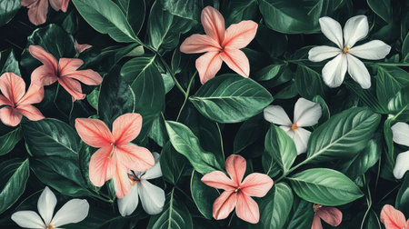 A beautiful composition featuring pink and white flowers amidst lush green leaves. This image captures the essence of nature's beauty and tranquility. Perfect for decorative and organic themes.の素材