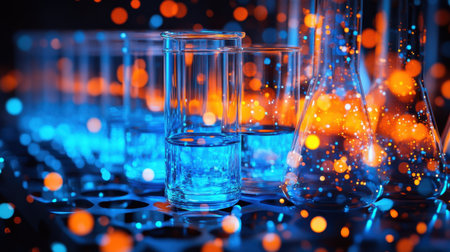 Bright blue glassware stands out against a vibrant bokeh backdrop, creating a colorful and captivating visual perfect for scientific themes and laboratory concepts.の素材