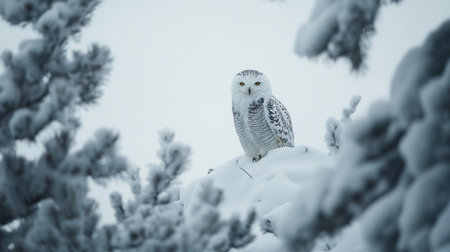 A stunning snowy owl sits gracefully on a snow-covered mound, surrounded by frosty trees. This serene winter scene captures the beauty of wildlife in a tranquil, cold environment.の素材