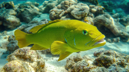 A vibrant yellow fish gracefully swims through clear ocean waters, surrounded by rocky formations. This underwater scene captures the beauty of marine wildlife and biodiversity.の素材