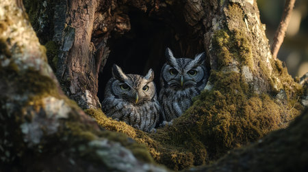 Two owls perch together in a moss-covered hollow tree, showcasing their striking features and watchful presence in a serene forest setting, evoking tranquility.の素材