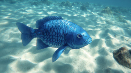 A vibrant blue fish swims gracefully through the clear waters of the ocean, showcasing its beauty against the sandy seafloor and filtered sunlight above.の素材