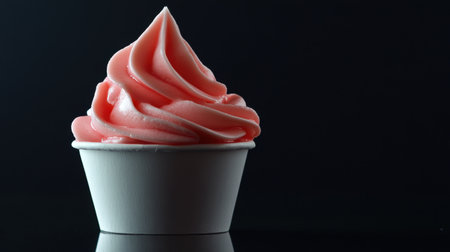 Tempting pink frozen dessert served in a white paper cup against a sleek dark background. Ideal for showcasing sweet indulgence and gourmet treats.の素材
